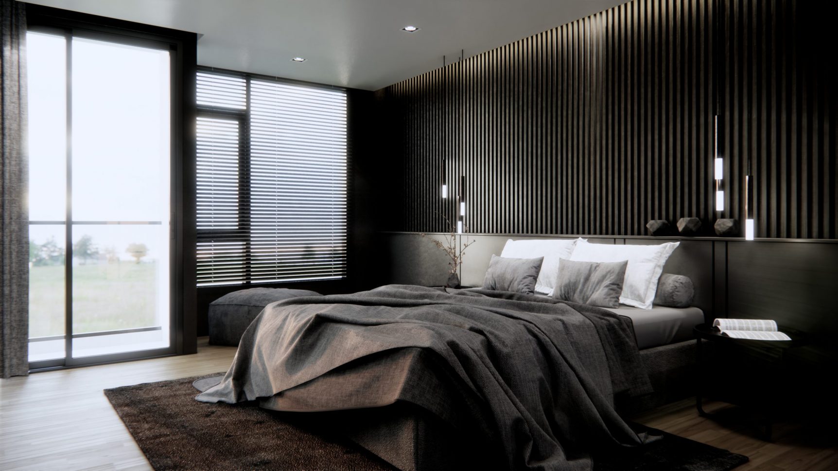 3d,Rendering,Bedroom,Interior,With,Dark,Black,And,Grey,Style.